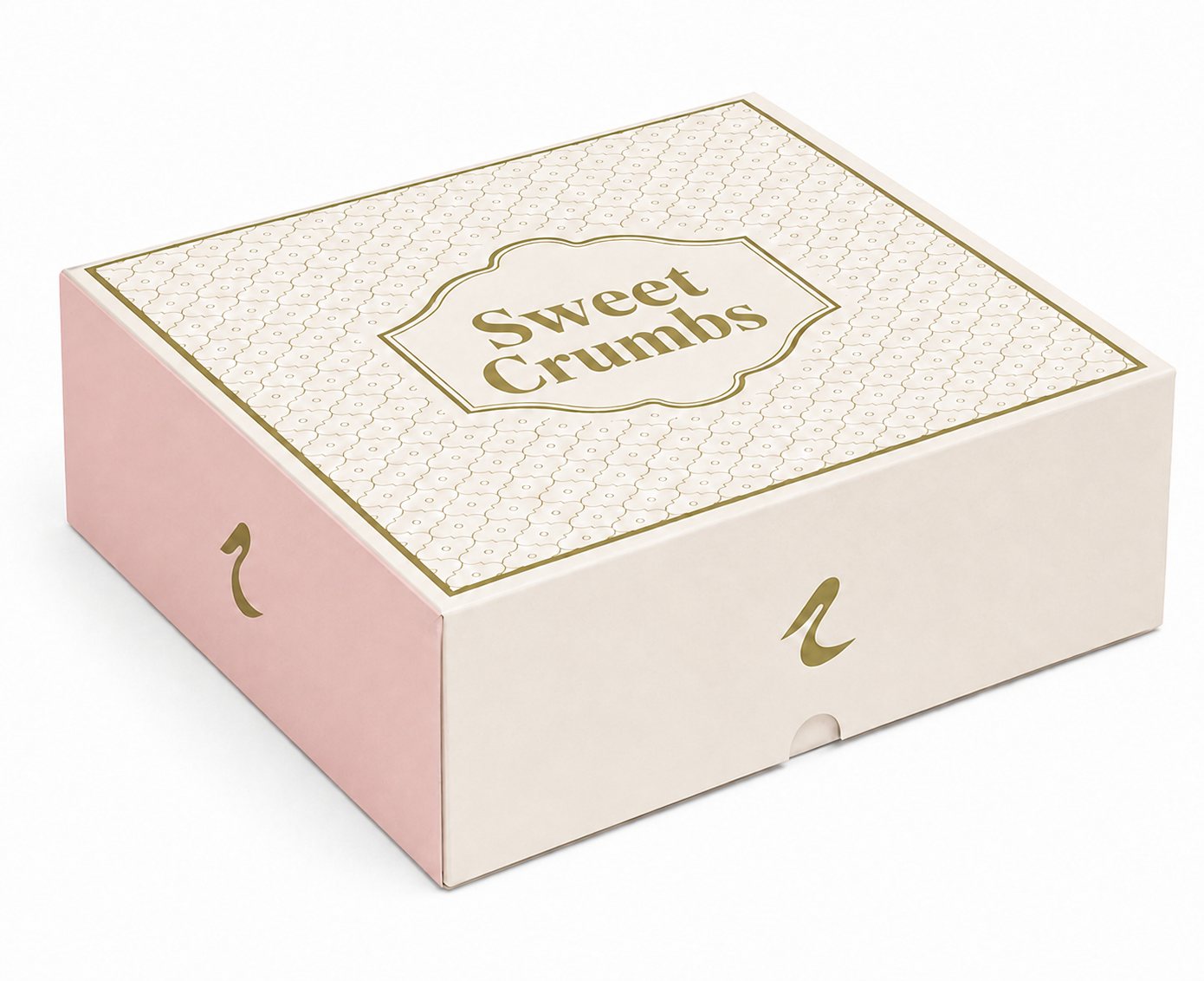 Pink and cream Sweet Crumbs cake box with gold foil detailing